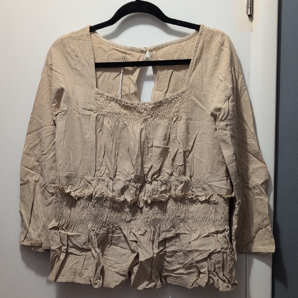 Tan Ruffled Smocked Blouse with 3/4 Sleeves